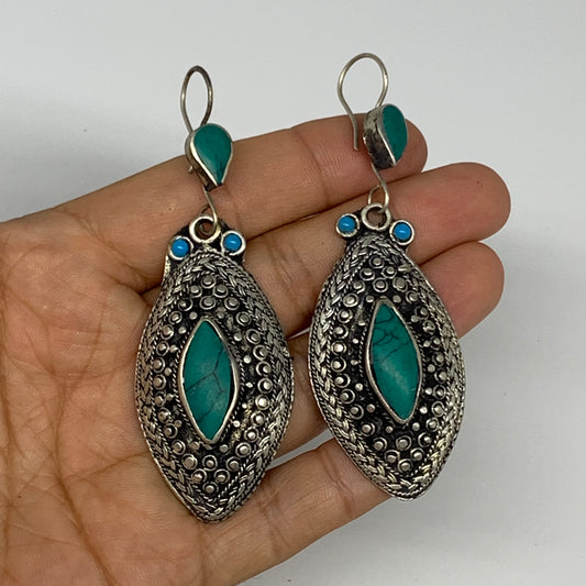 1pc, Handmade Turkmen Earring Tribal Jewelry Turquoise Inlay Marquise Boho, B142