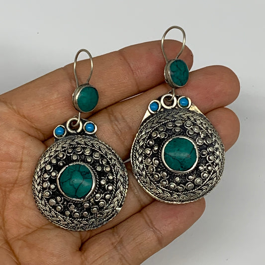 1pc, Handmade Turkmen Earring Tribal Jewelry Turquoise Inlay Round Boho, B14292