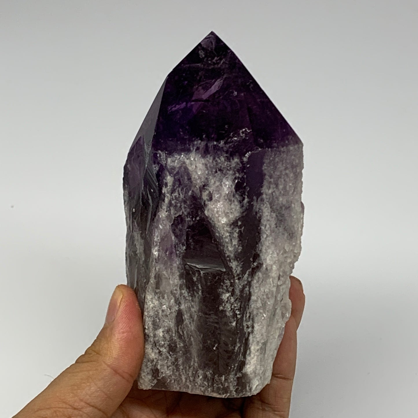 555g,4.6"x2.7"x2.4", Amethyst Point Polished Rough lower part Stands, B19043