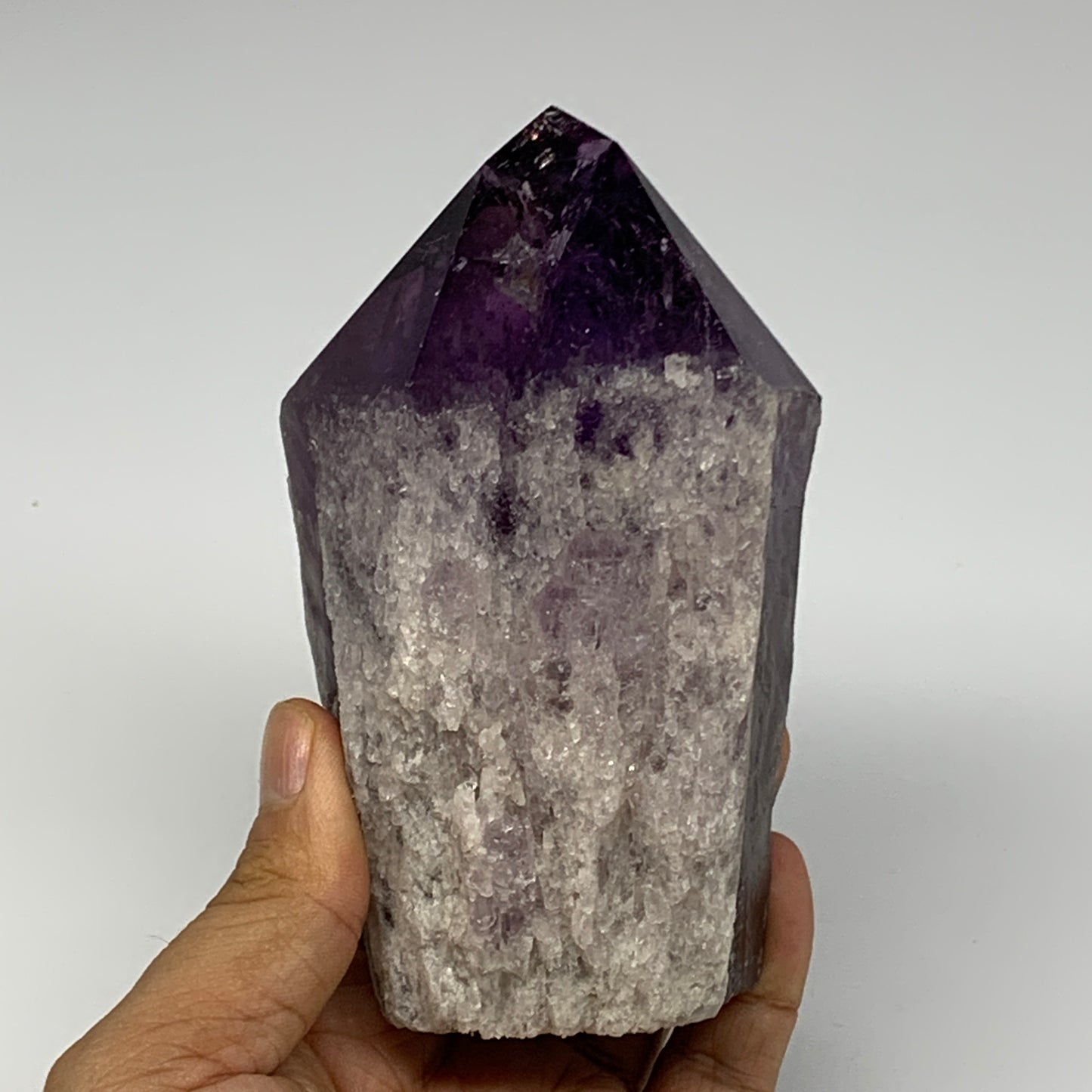 555g,4.6"x2.7"x2.4", Amethyst Point Polished Rough lower part Stands, B19043