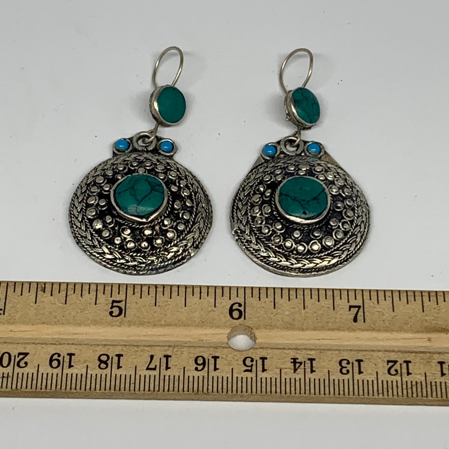 1pc, Handmade Turkmen Earring Tribal Jewelry Turquoise Inlay Round Boho, B14292