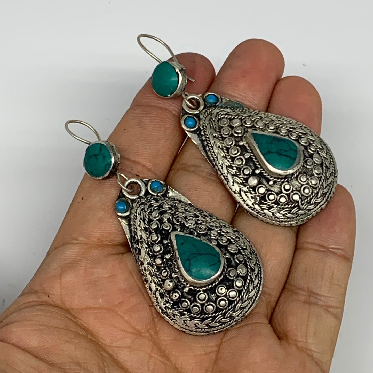 1pc, Handmade Turkmen Earring Tribal Jewelry Turquoise Inlay Drop Boho, B14290