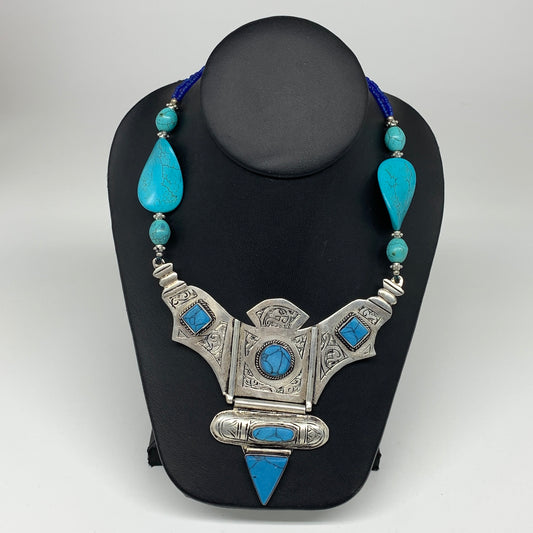 Turkmen Necklace Antique Afghan Tribal Blue Turquoise Inlay V-Neck, Necklace T52