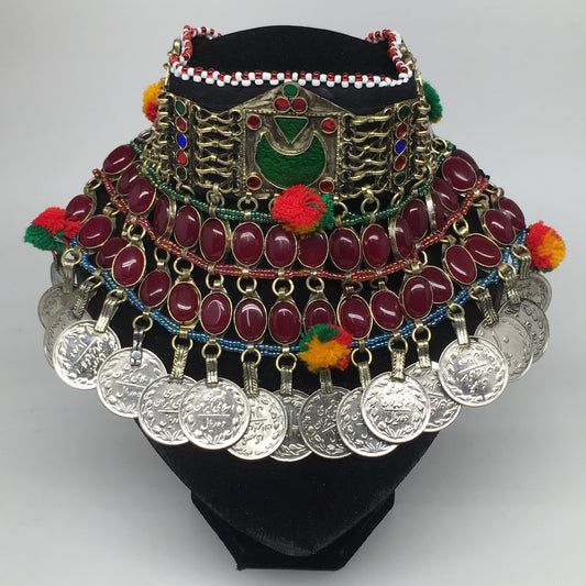 11.5"x5.75"Kuchi Choker Multi-Color Tribal Gypsy Bohemian Statement Coins,CK594
