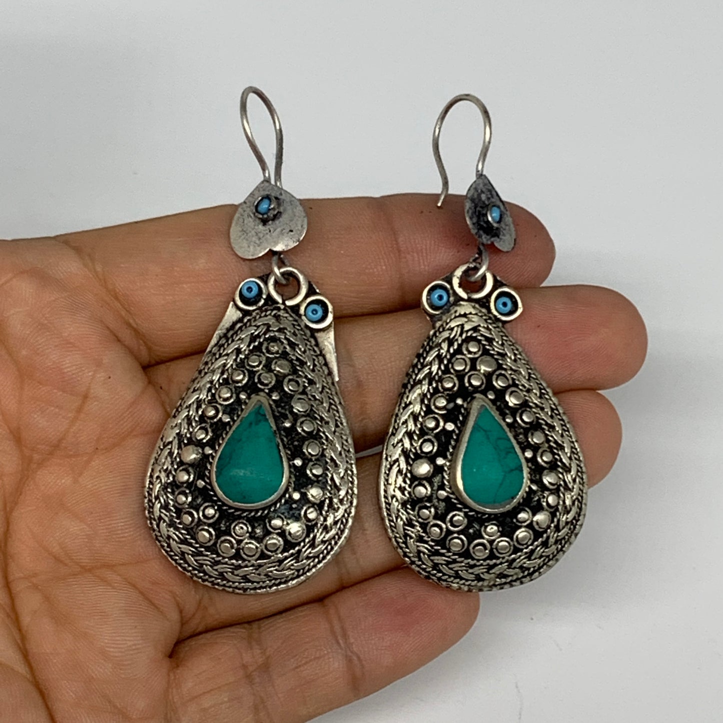 1pc, Handmade Turkmen Earring Tribal Jewelry Turquoise Inlay Drop Boho, B14288