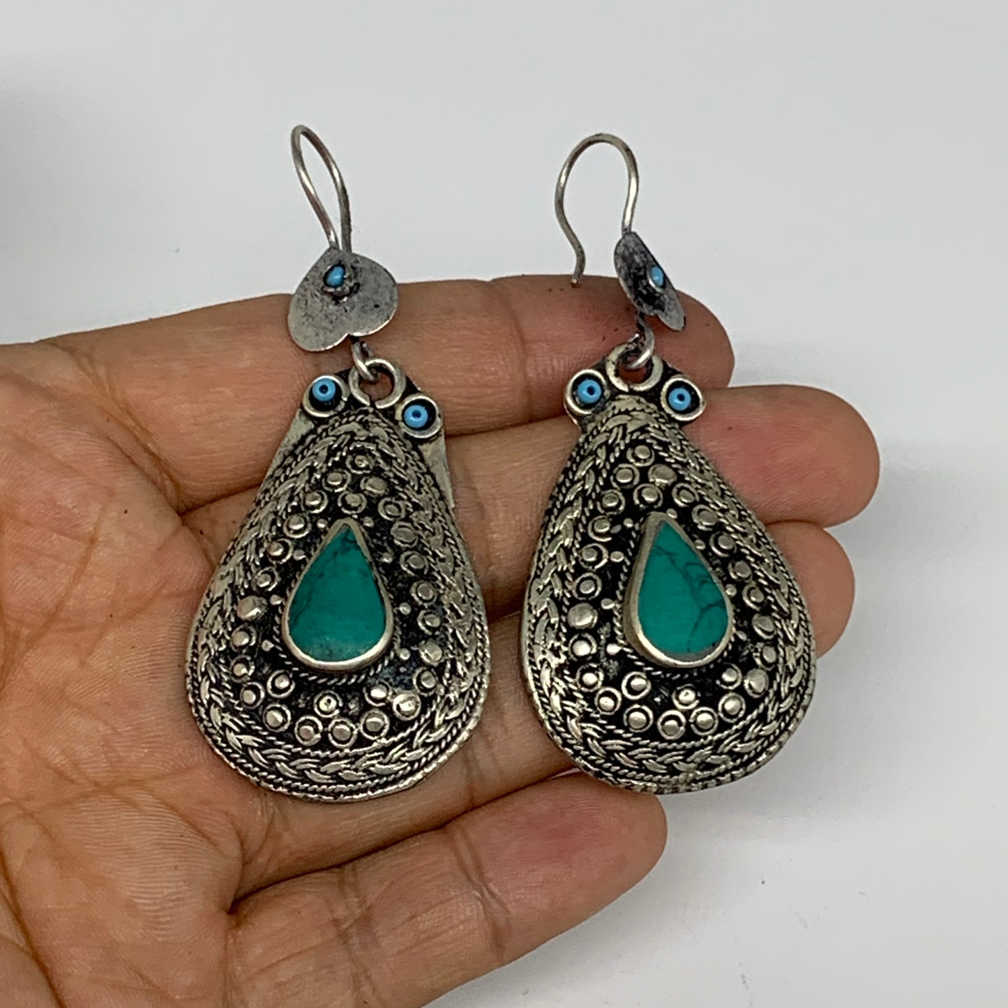1pc, Handmade Turkmen Earring Tribal Jewelry Turquoise Inlay Drop Boho, B14288