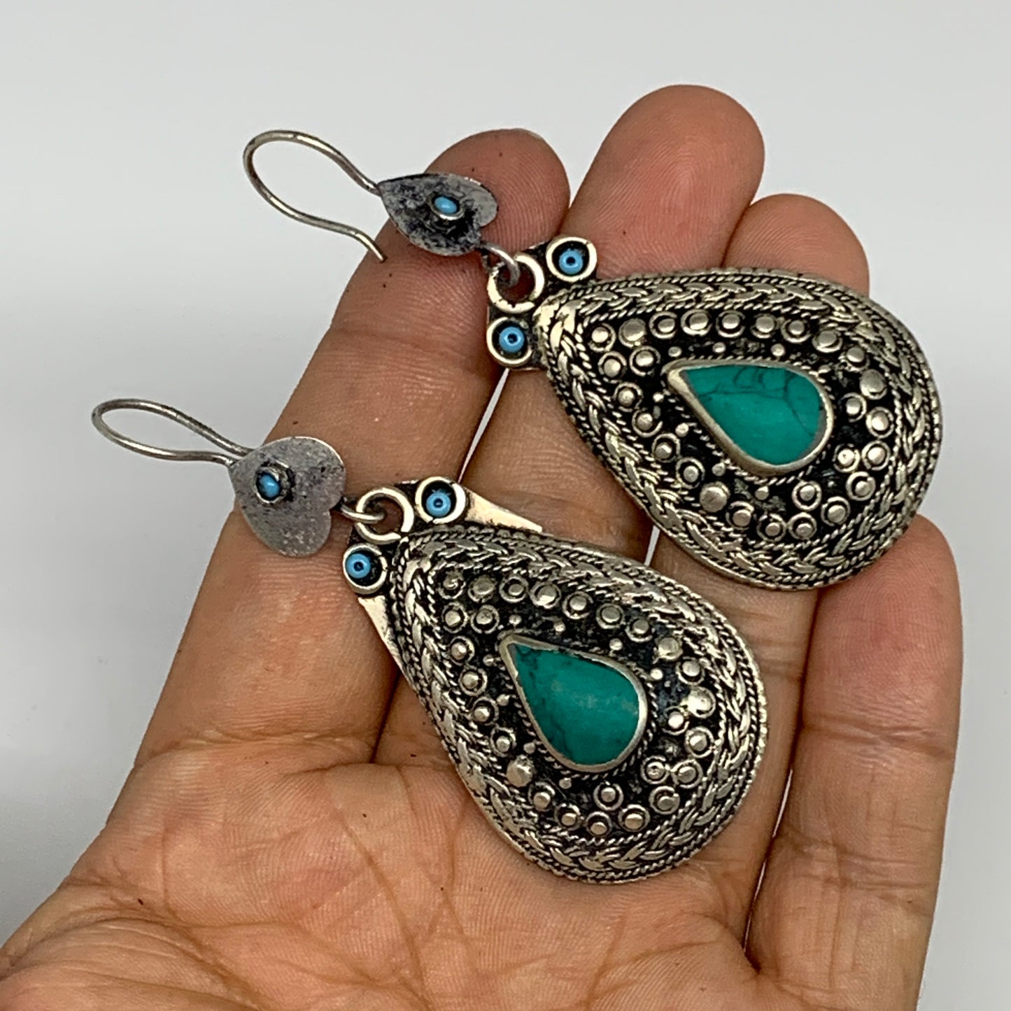 1pc, Handmade Turkmen Earring Tribal Jewelry Turquoise Inlay Drop Boho, B14288