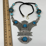 Turkmen Necklace Antique Afghan Tribal Blue Turquoise Inlay V-Neck, Necklace T54