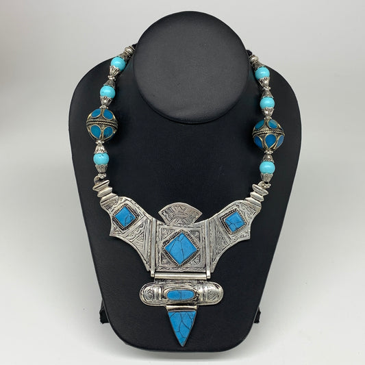 Turkmen Necklace Antique Afghan Tribal Blue Turquoise Inlay V-Neck, Necklace T55