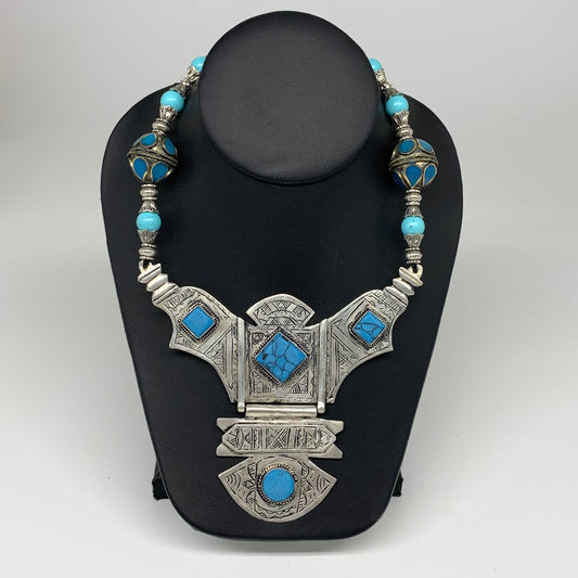Turkmen Necklace Antique Afghan Tribal Blue Turquoise Inlay V-Neck, Necklace T56