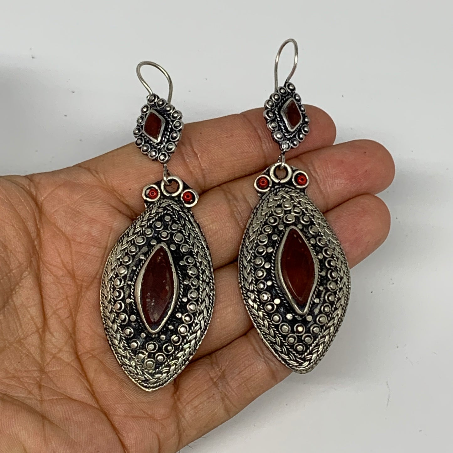 1pr, 3.4"x1.1" Turkmen Earring Tribal Jewelry Carnelian Marquise Boho, B14285