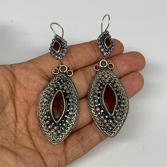 1pr, 3.4"x1.1" Turkmen Earring Tribal Jewelry Carnelian Marquise Boho, B14285