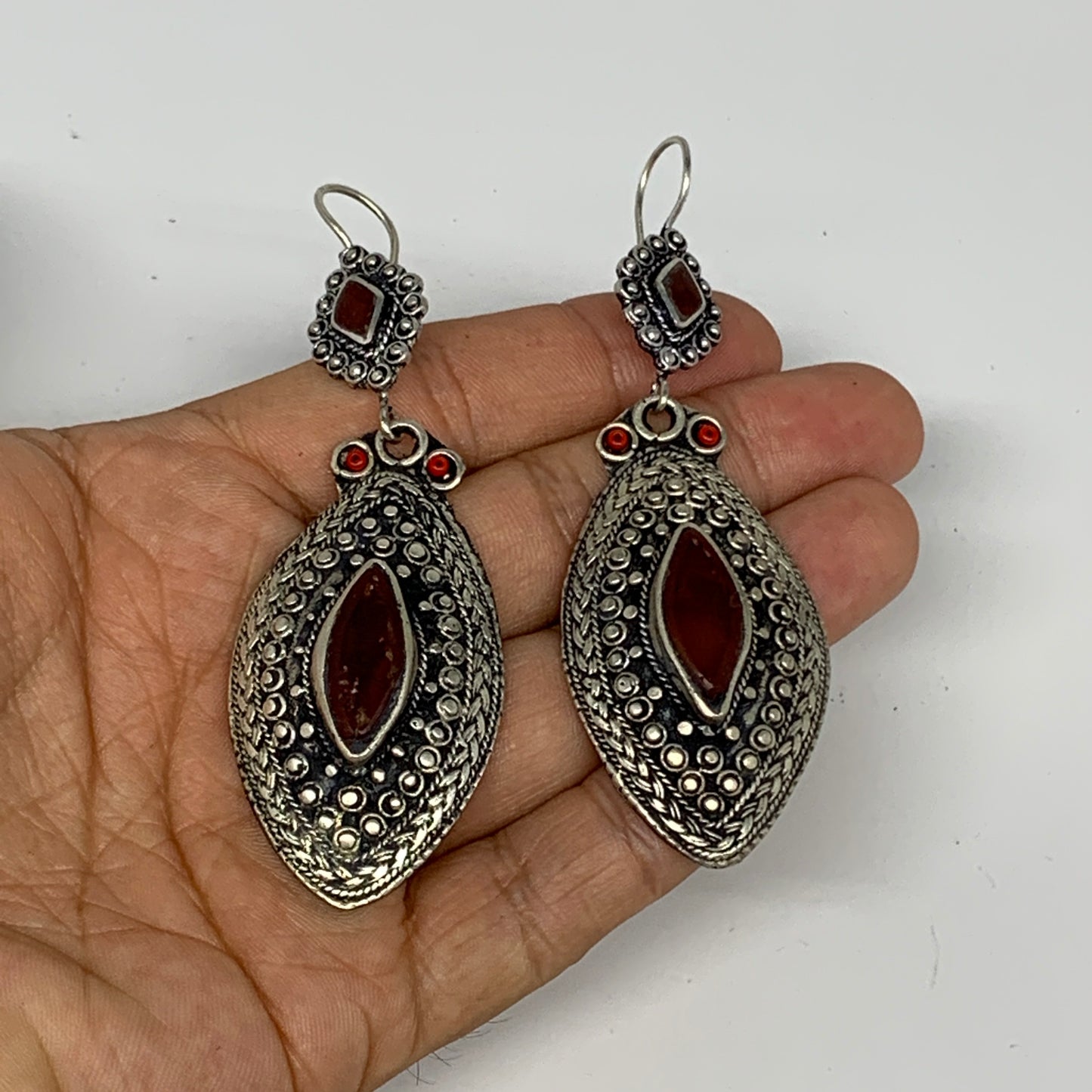 1pr, 3.4"x1.1" Turkmen Earring Tribal Jewelry Carnelian Marquise Boho, B14285