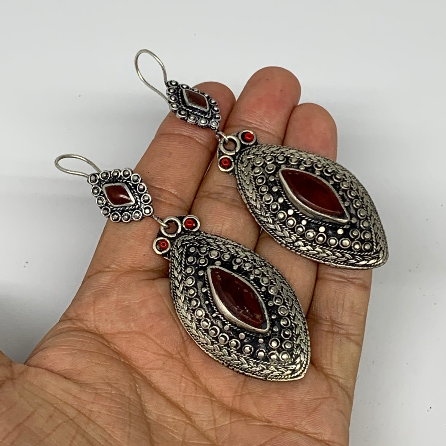 1pr, 3.4"x1.1" Turkmen Earring Tribal Jewelry Carnelian Marquise Boho, B14285