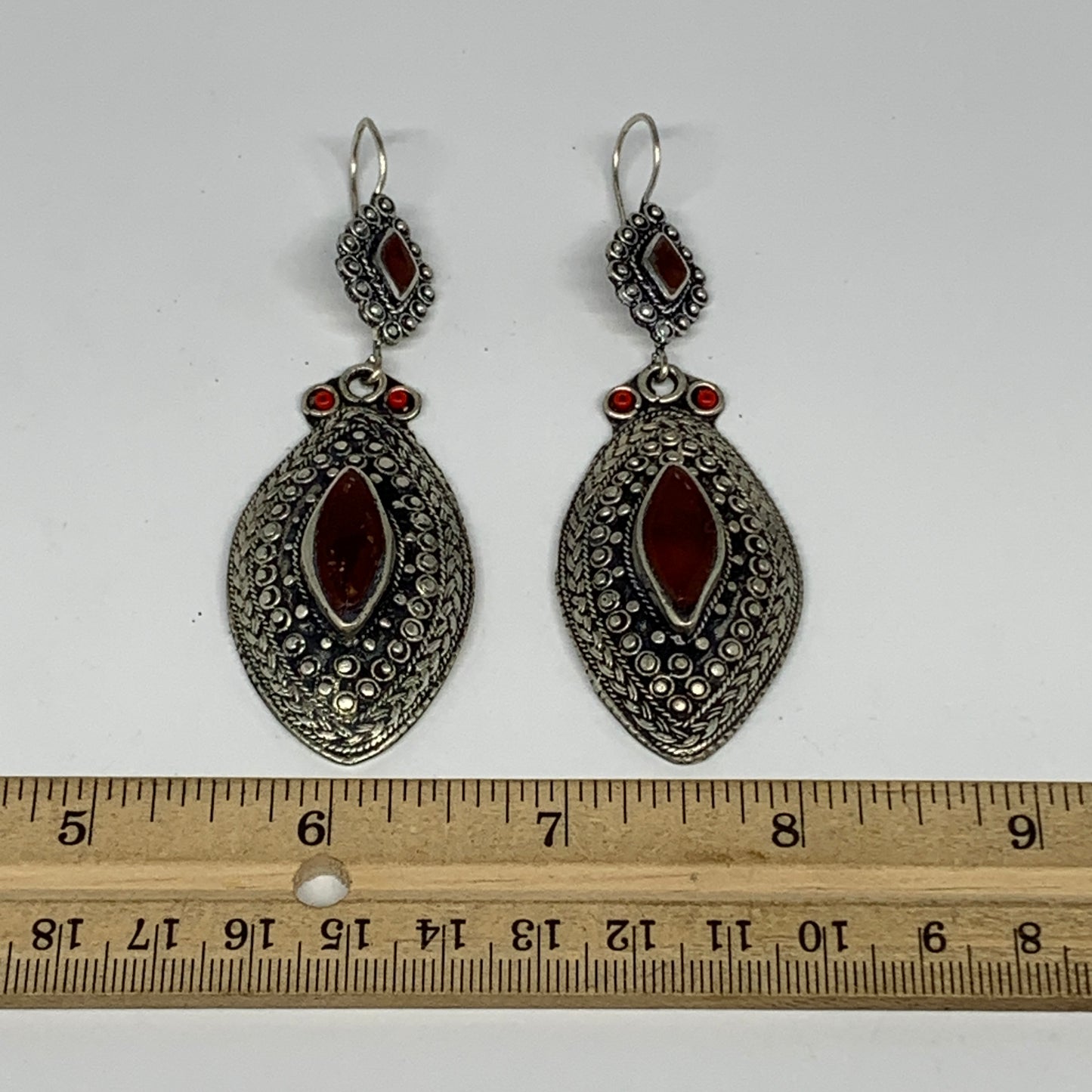 1pr, 3.4"x1.1" Turkmen Earring Tribal Jewelry Carnelian Marquise Boho, B14285