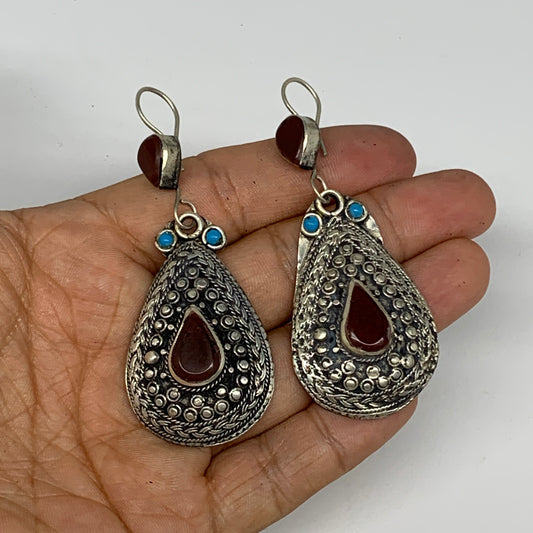 1pr, 2.9"x1.1" Turkmen Earring Tribal Jewelry Carnelian Teardrop Boho, B14283