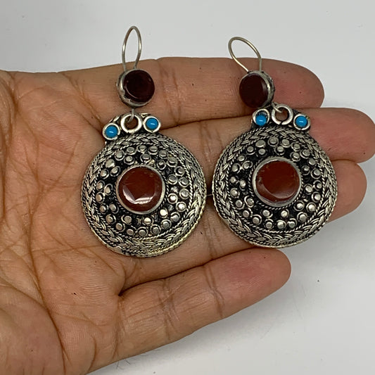 1pr, 2.3"x1.3" Turkmen Earring Tribal Jewelry Carnelian Round Boho, B14282