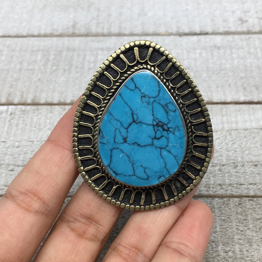 2.1"x1.7"x0.3" Blue Turquoise Inlay Ring Drop Shape, Turkmen Ring,7, 7.5, TR145