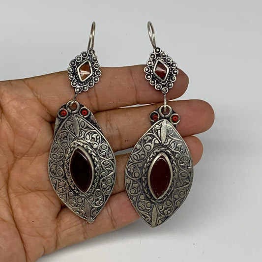 1pr, 3.5"x1.2" Turkmen Earring Tribal Jewelry Carnelian Marquise Boho, B14281