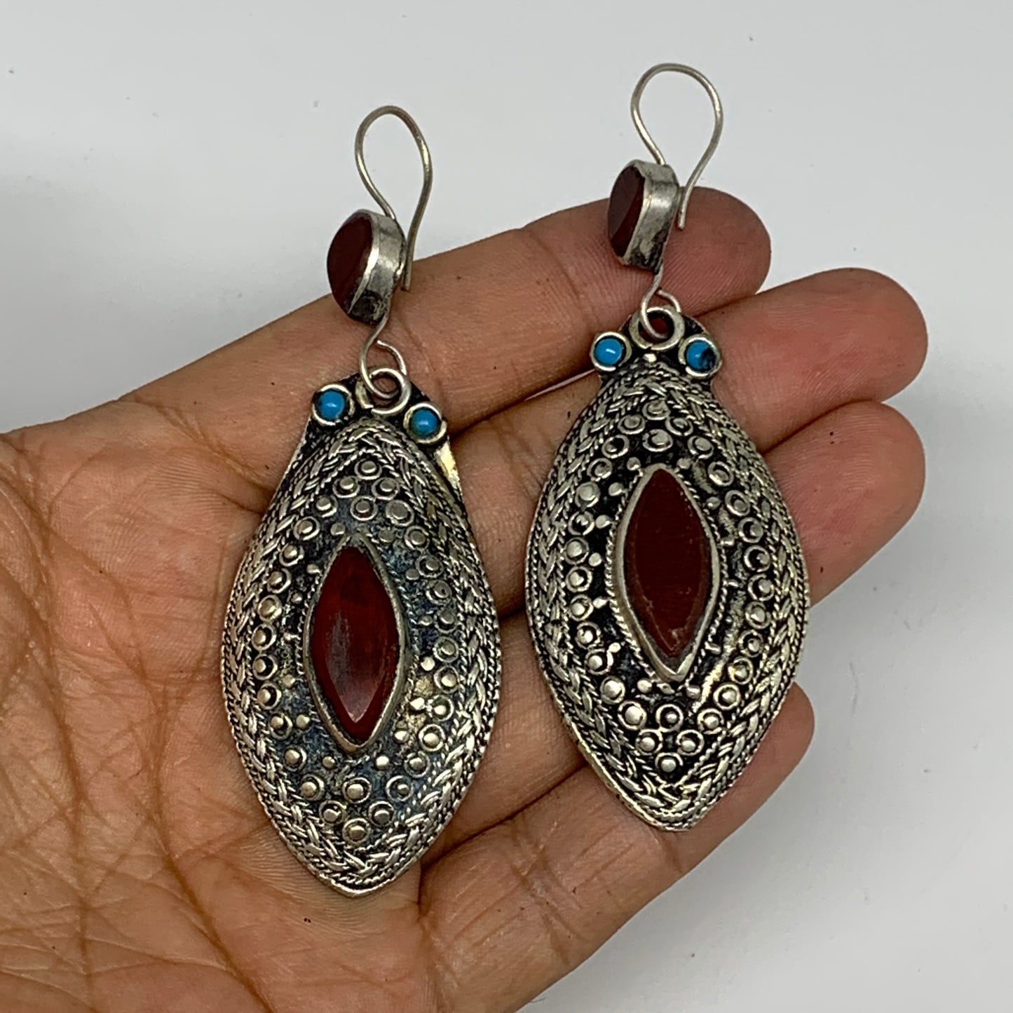 1pr, 3.2"x1.1" Turkmen Earring Tribal Jewelry Carnelian Marquise Boho, B14280