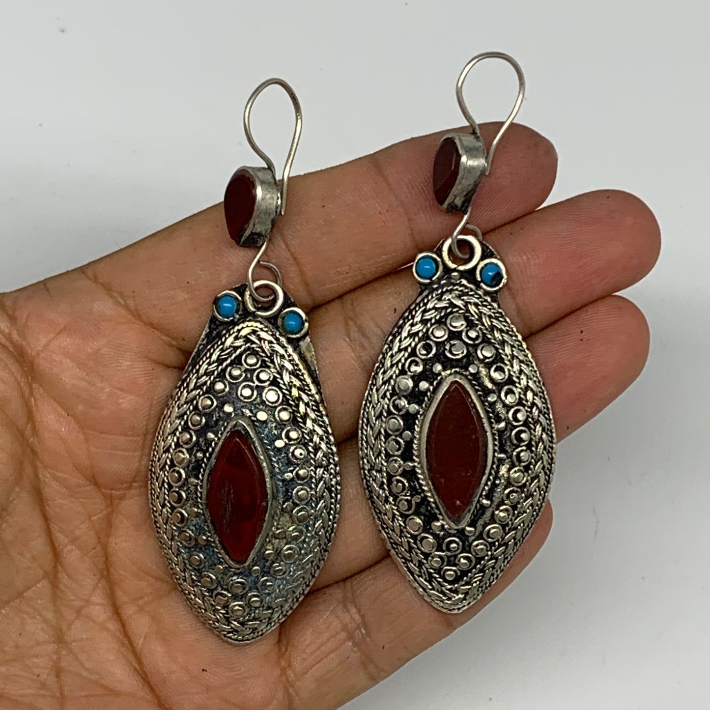 1pr, 3.2"x1.1" Turkmen Earring Tribal Jewelry Carnelian Marquise Boho, B14280