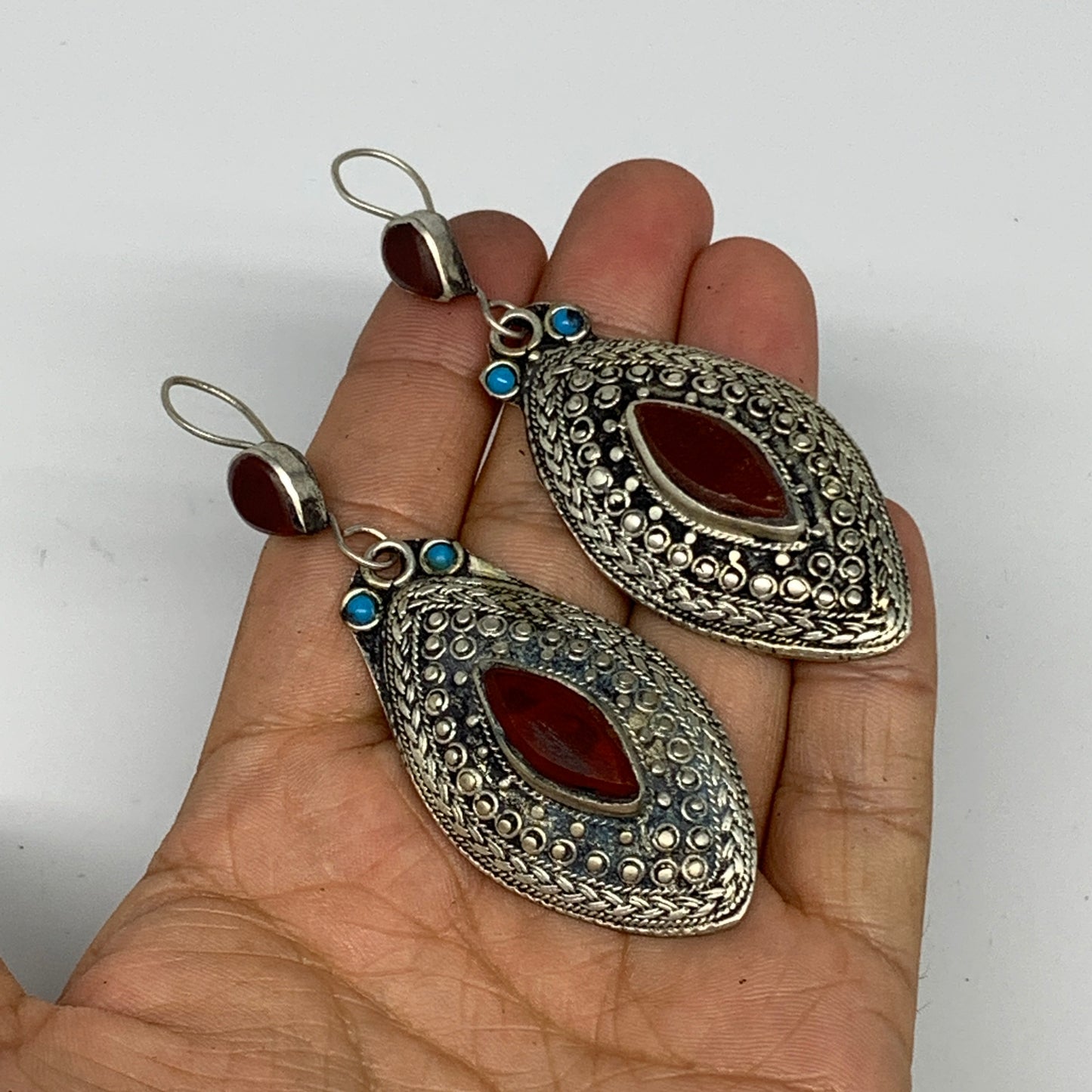 1pr, 3.2"x1.1" Turkmen Earring Tribal Jewelry Carnelian Marquise Boho, B14280