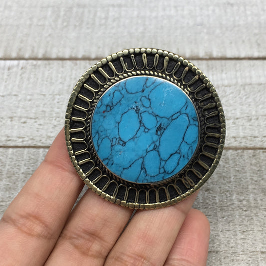 1.9"x0.3" Blue Turquoise Inlay Ring Round Shape, Turkmen Ring,7, 7.5,8.5, TR147