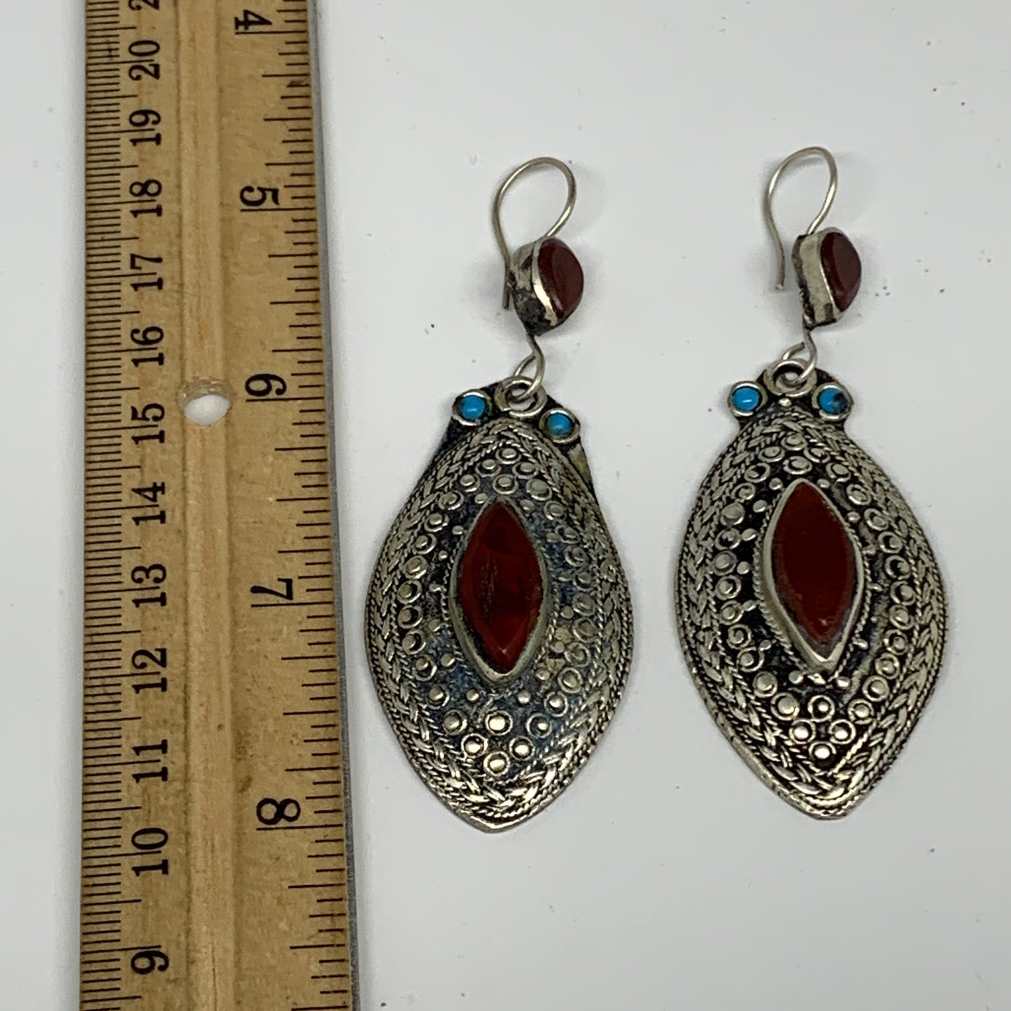 1pr, 3.2"x1.1" Turkmen Earring Tribal Jewelry Carnelian Marquise Boho, B14280
