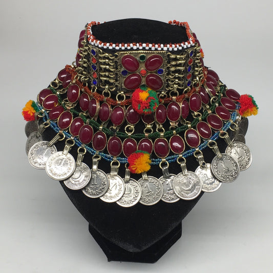 11.5"x5.75"Kuchi Choker Multi-Color Tribal Gypsy Bohemian Statement Coins,CK610