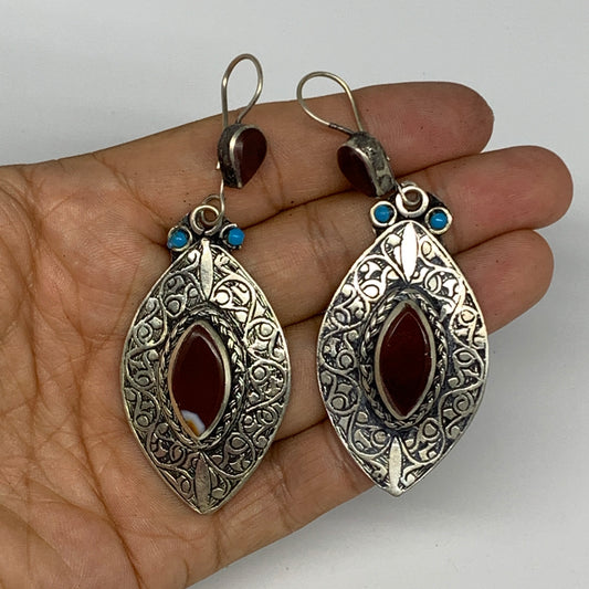 1pr, 3.1"x1.2" Turkmen Earring Tribal Jewelry Carnelian Marquise Boho, B14278