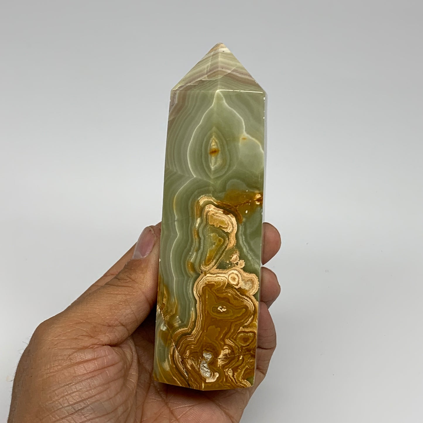 350g, 4.9"x1.4" Banded  Onyx Point Tower Obelisk Crystal @Pakistan, B25131