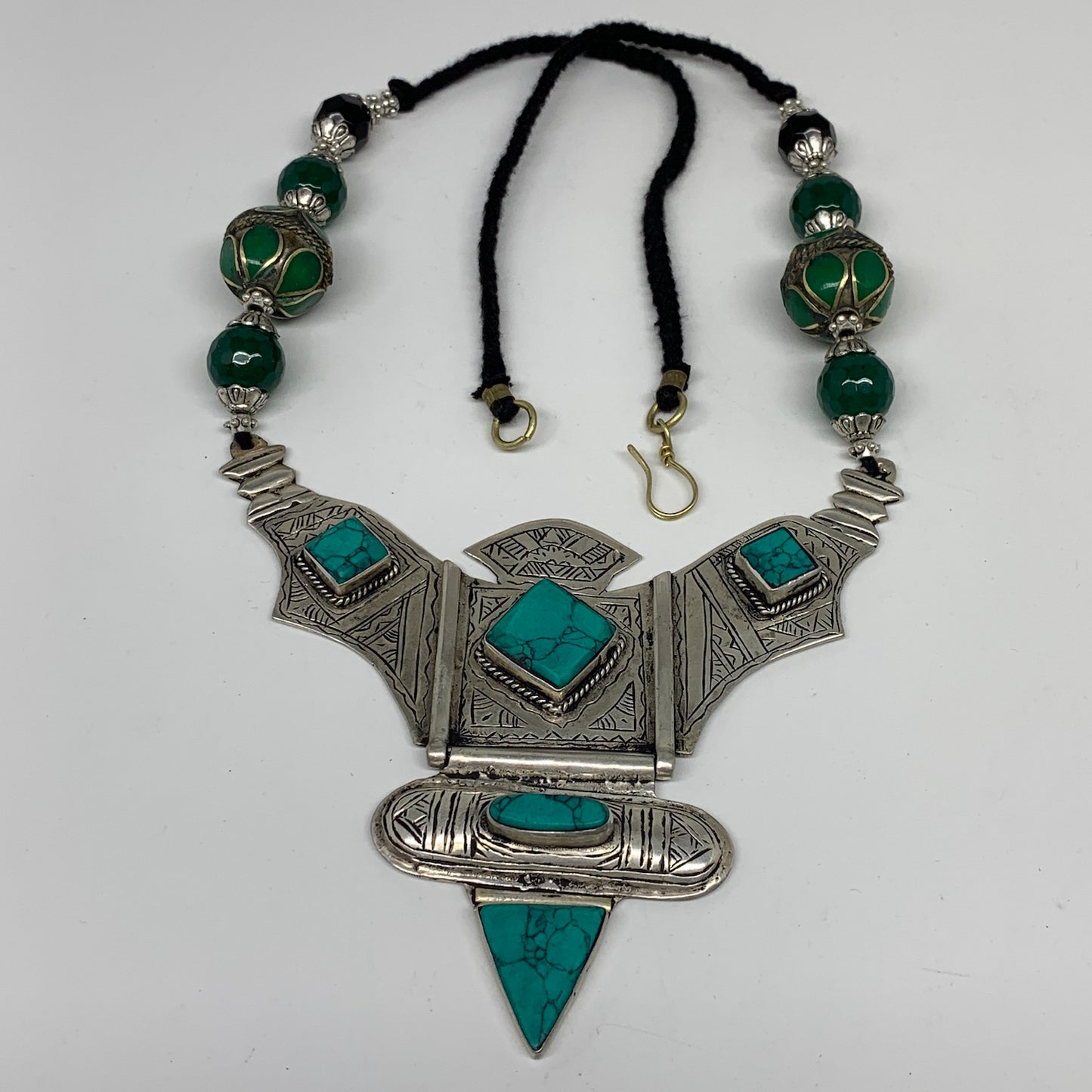 Turkmen Necklace Antique Afghan Tribal Green Turquoise Inlay V-Neck, Necklace T8