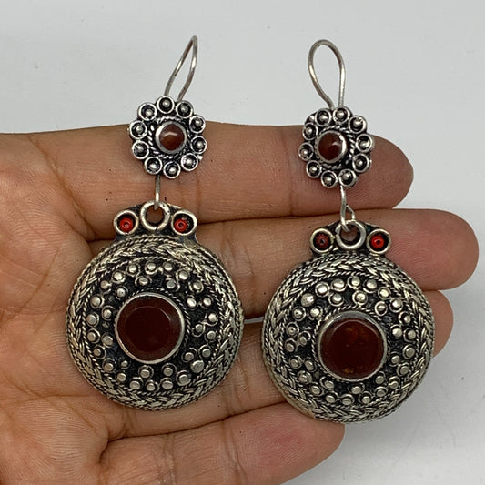 1pr, 2.7"x1.3" Turkmen Earring Tribal Jewelry Carnelian Round Boho, B14277