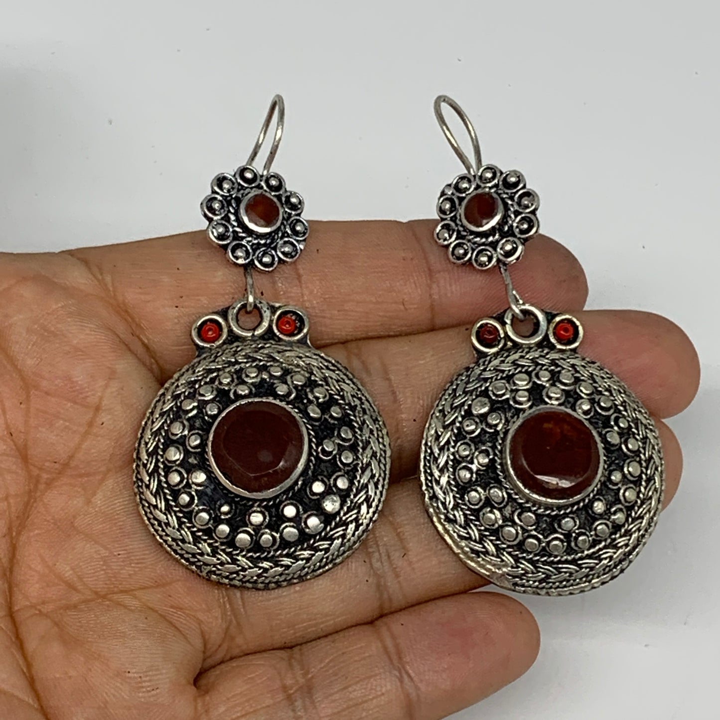 1pr, 2.7"x1.3" Turkmen Earring Tribal Jewelry Carnelian Round Boho, B14277