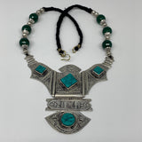 Turkmen Necklace Antique Afghan Tribal Green Turquoise Inlay V-Neck, Necklace T8