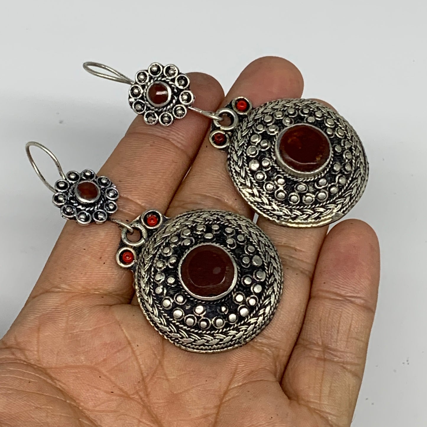 1pr, 2.7"x1.3" Turkmen Earring Tribal Jewelry Carnelian Round Boho, B14277
