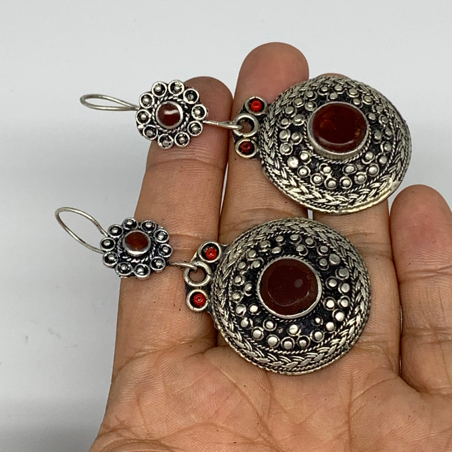 1pr, 2.7"x1.3" Turkmen Earring Tribal Jewelry Carnelian Round Boho, B14277