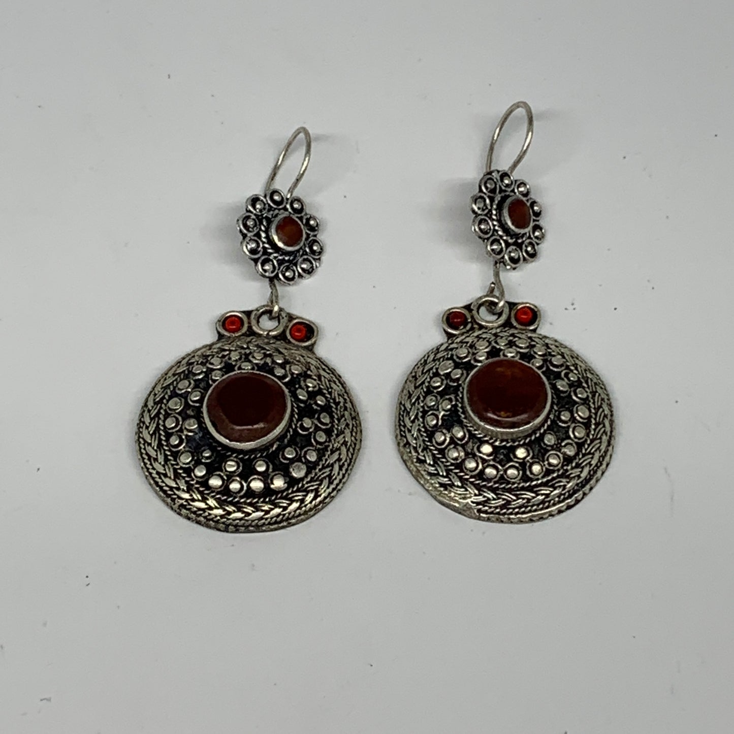 1pr, 2.7"x1.3" Turkmen Earring Tribal Jewelry Carnelian Round Boho, B14277
