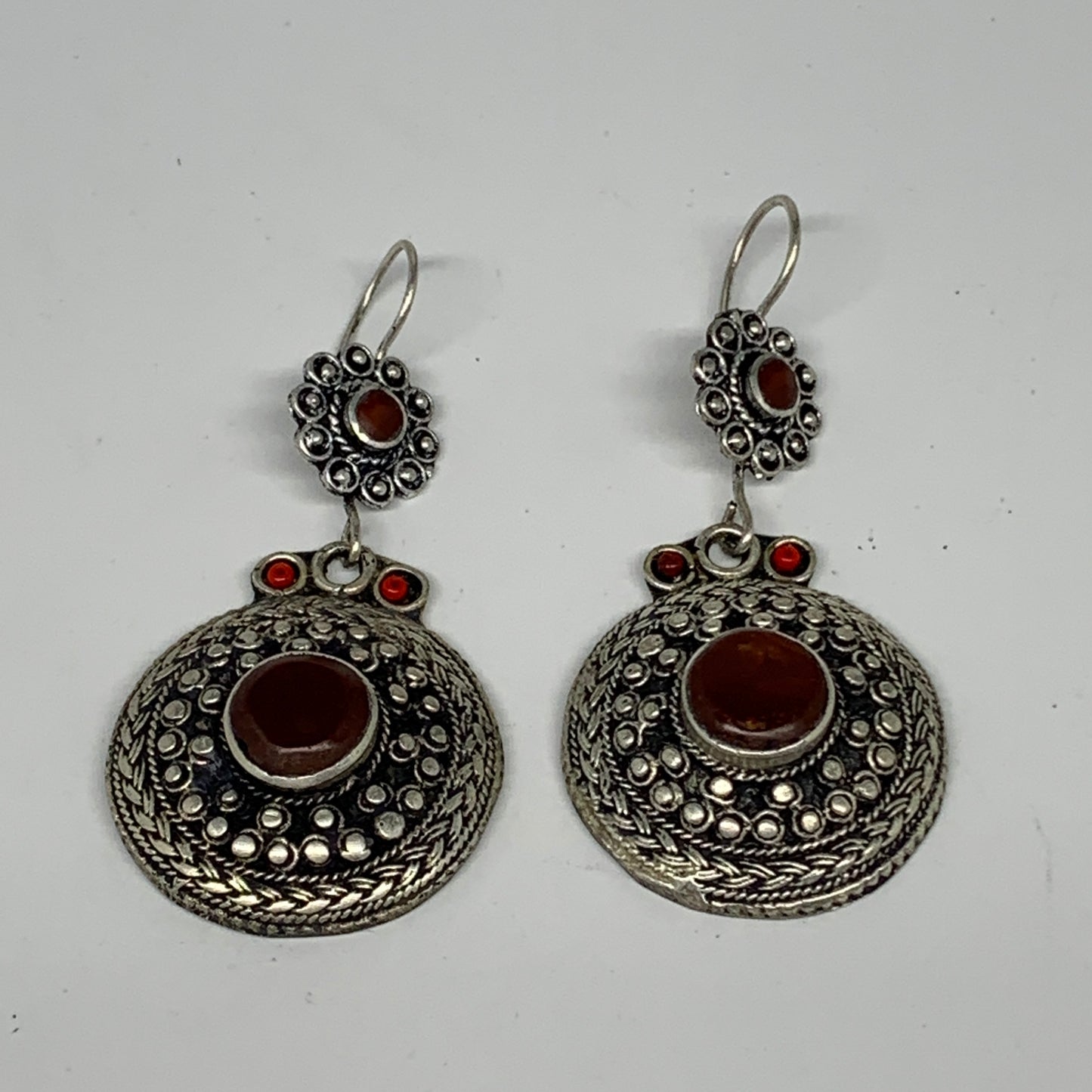 1pr, 2.7"x1.3" Turkmen Earring Tribal Jewelry Carnelian Round Boho, B14277
