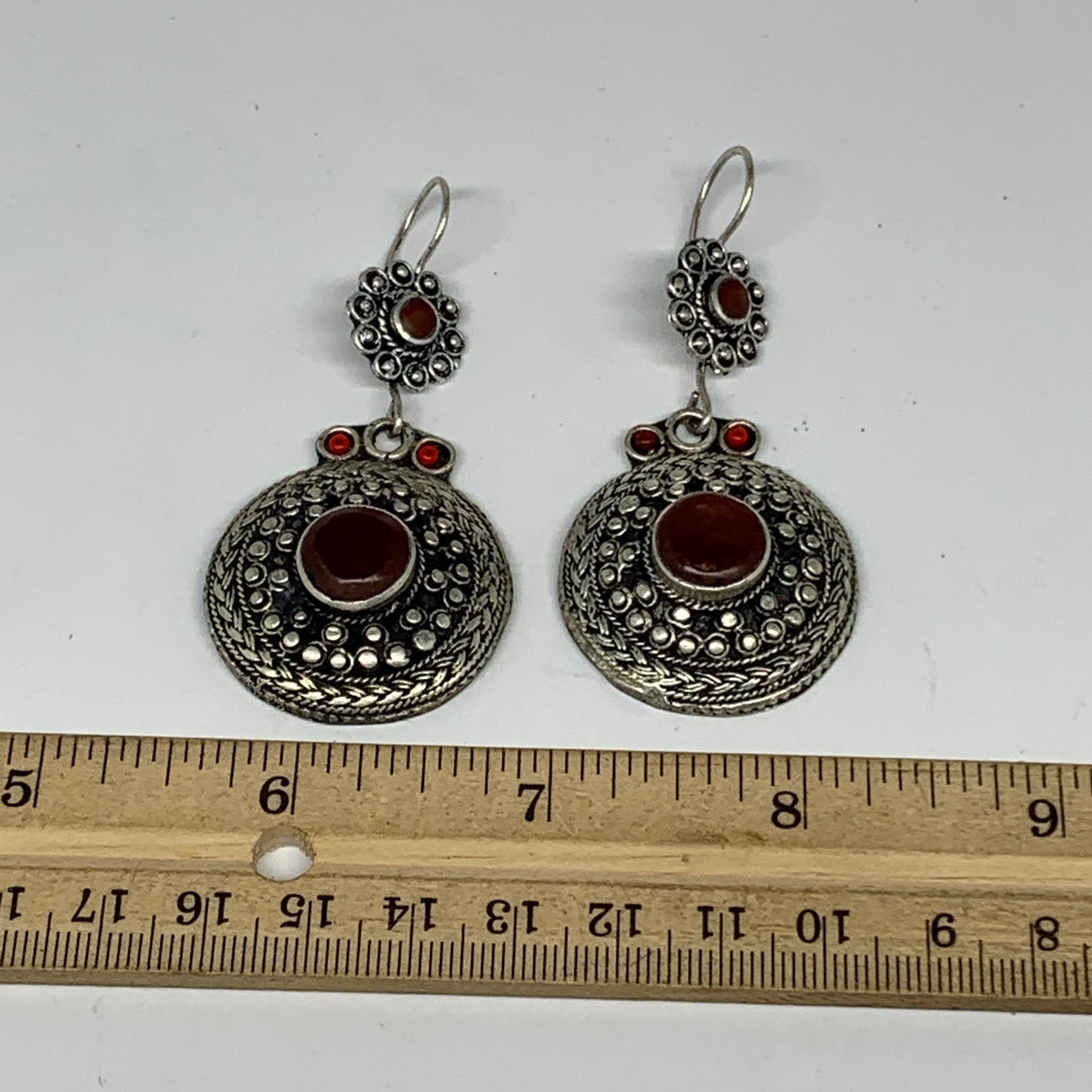 1pr, 2.7"x1.3" Turkmen Earring Tribal Jewelry Carnelian Round Boho, B14277