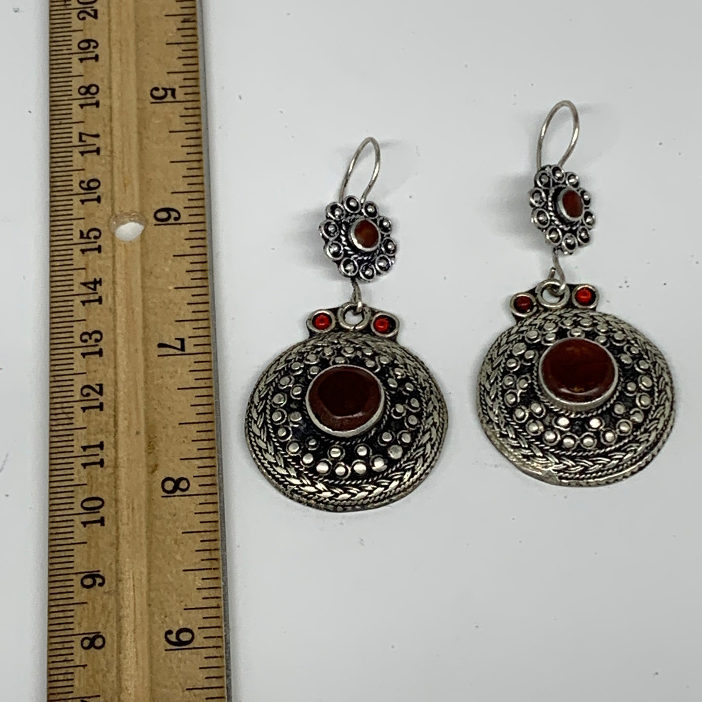 1pr, 2.7"x1.3" Turkmen Earring Tribal Jewelry Carnelian Round Boho, B14277
