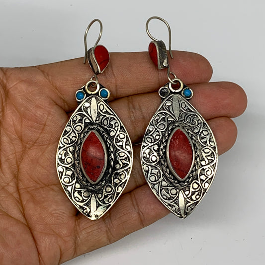 1pc, 3.1"x1.2" Turkmen Earring Tribal Jewelry Red Coral Inlay Marquise Boho, B14