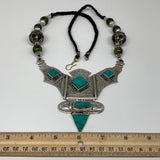 Turkmen Necklace Antique Afghan Tribal Green Turquoise Inlay V-Neck, Necklace T7