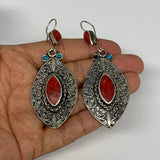1pc, 3.1"x1.2" Turkmen Earring Tribal Jewelry Red Coral Inlay Marquise Boho, B14