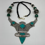 Turkmen Necklace Antique Afghan Tribal Green Turquoise Inlay V-Neck, Necklace T7