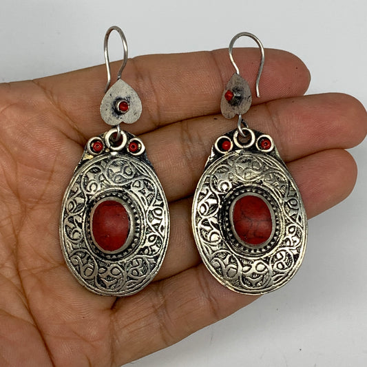 1pc, 2.6"x1.1" Turkmen Earring Tribal Jewelry Red Coral Inlay Oval Boho, B14275