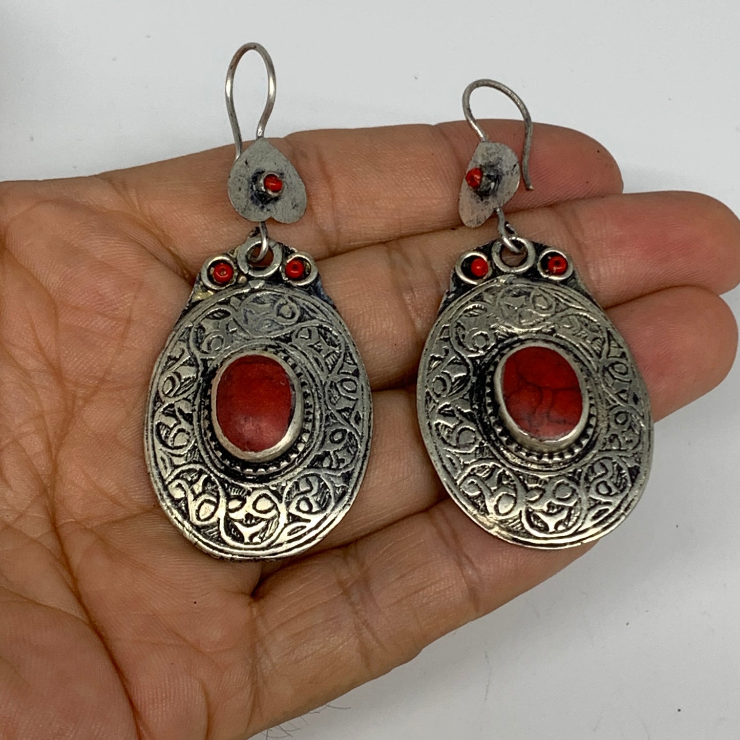 1pc, 2.6"x1.1" Turkmen Earring Tribal Jewelry Red Coral Inlay Oval Boho, B14275