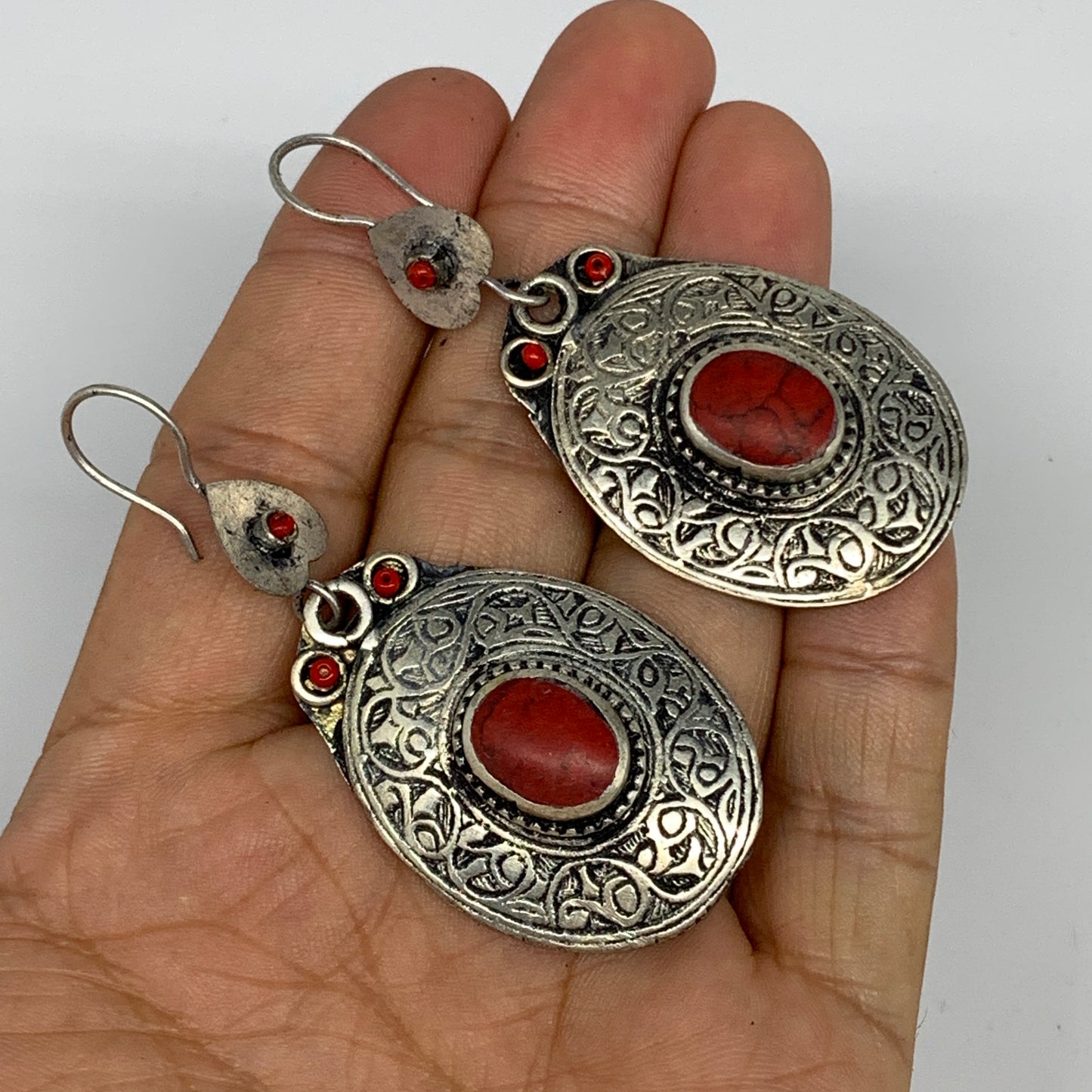 1pc, 2.6"x1.1" Turkmen Earring Tribal Jewelry Red Coral Inlay Oval Boho, B14275