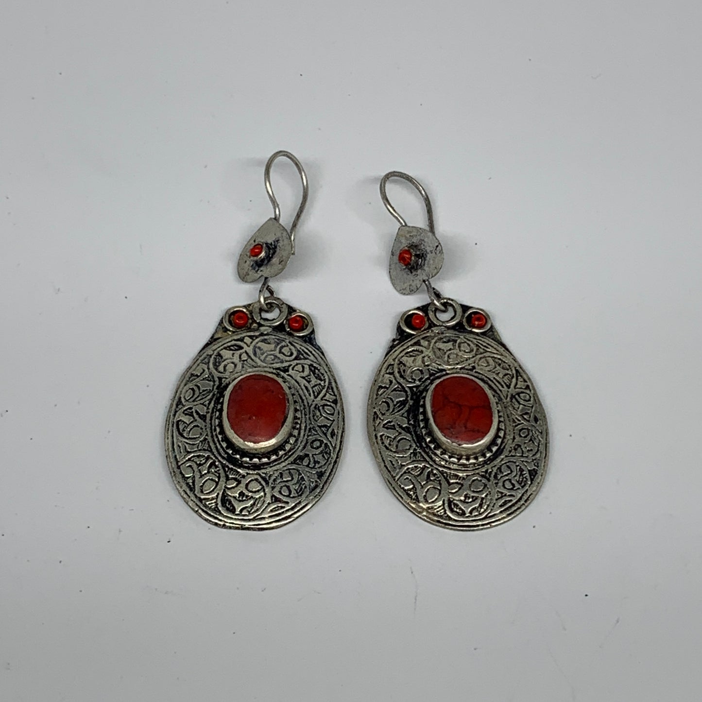 1pc, 2.6"x1.1" Turkmen Earring Tribal Jewelry Red Coral Inlay Oval Boho, B14275