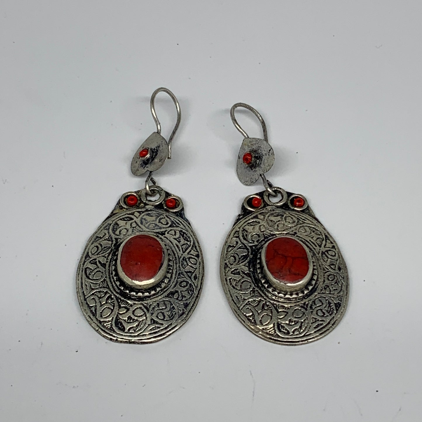 1pc, 2.6"x1.1" Turkmen Earring Tribal Jewelry Red Coral Inlay Oval Boho, B14275